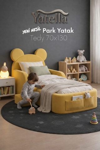 Yatella Luxury Tedyy Baza ve Başlıklı Montessori Full Sünger Yatak Seti 70 X 130 Sarı