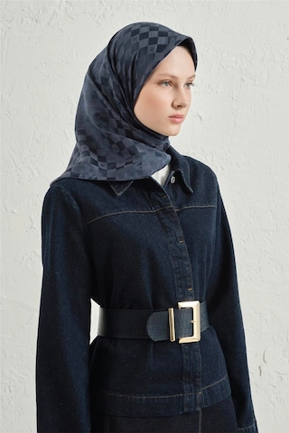 Armine Jakarlı İpek Pamuk Dama Eşarp - 4464 Lacivert