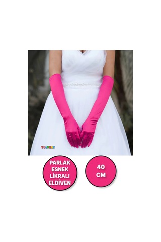 Uzun Boy Parlak Esnek Likralı Eldiven 40 Cm - 1 Çift - Fuşya Çok Renkli