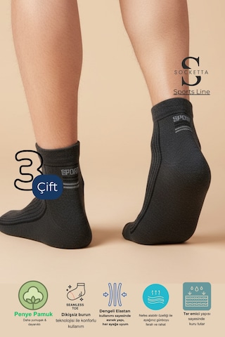 Socketta 3'lü Füme Erkek Spor Pamuk Dikişsiz Esnek Patik Çorap - Premium Gri