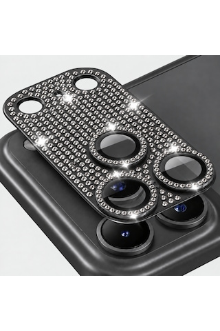 Apple iPhone 18 Pro Max Uyumlu Full Taşlı Ar Ve Af Özellikli Kamera Camı / Lensi Koruyucu Camı - Siyah