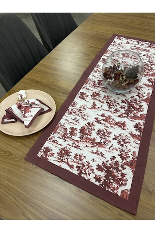 Toile De Jouy Monet Runner 40x110 Cm %100 Pamuk Dijital Baskılı Masa Örtüsü Country Tarzı Fransız Desen Masa Dekoru - Zt710 Kırmızı