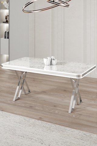 Raja Serisi 80x130 Lak Panel Sabit Masa Mutfak Masası Beyaz Mermer Masa