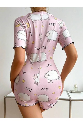 Go İthalat Kadın Şık Tasarım Pamuklu Pembe Kuzu Desenli Düğmeli Uzun Kol Tulum Pijama
