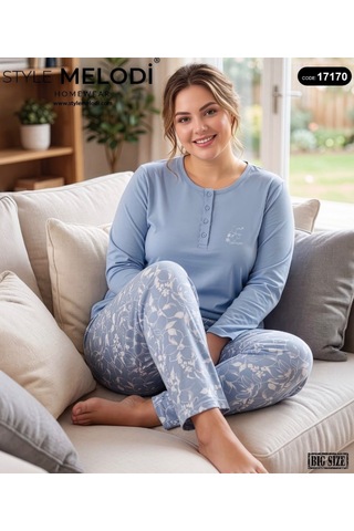 Melodi 17170 Uzun Kol %100 Pamuk Battal Büyük Beden Kadın Pijama Takımı Mavi