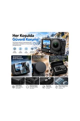 DJI Osmo Action 6 Uyumlu Tam Koruma Seti – Taşıma Çantası, Lens Kapağı ve 3 Parça Temperli Cam | Teknoroket GuardKit