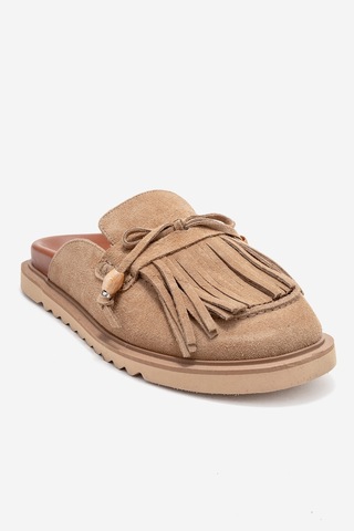 Carol Toprak Süet Püsküllü Hakiki Deri Kadın Burnu Kapalı Terlik Toprak