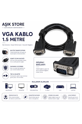 Vga Kablo 1.5 Metre Erkek Erkek Monitör Projeksiyon Bilgisayar Görüntü Aktarım Kablosu