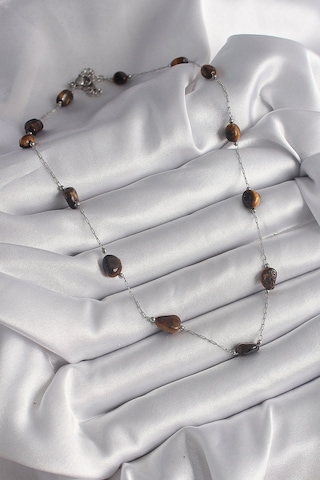 Gümüş Renk Zincir Kahverengi Doğaltaş Model Kadın Kolye - Ebj250113w30605 Bakır