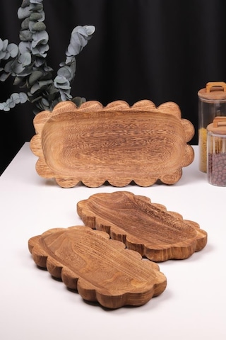 Bambum 3 Parça Pavlonya Noir Dalgalı Kenar Ahşap Sunum Seti Yuvarlak Ve Dikdörtgen Ayaklı Servis Tabaklar Ahşap