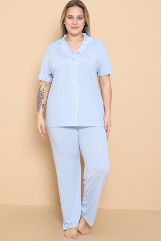 Wordex Mirano 4400 Polyviscon Kumaş Kısa Kollu Düğmeli Büyük Beden Kadın Pijama Takımı Açık Mavi