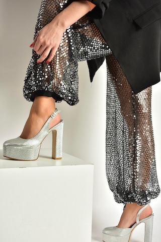 Fox Shoes Y246195107 Gümüş Yılan Baskı Platform Kalın Topuklu Kadın Abiye Ayakkabı Gümüş