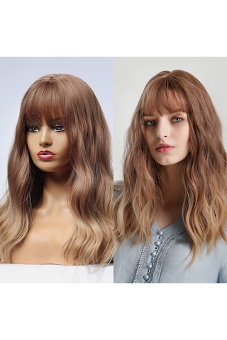 Sarı Kahverengi Degrade Uzun Saç Kıvırcık Doğal Sentetik Peruk