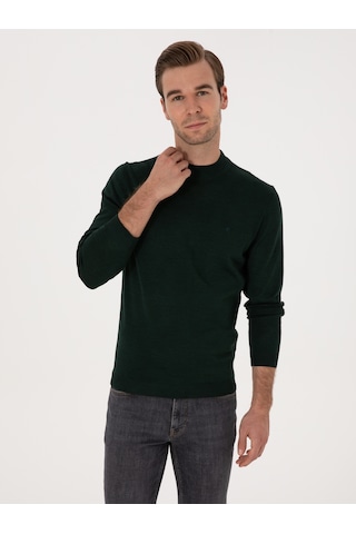 Cacharel Zümrüt Slim Fit Yün Karışımlı Çeyrek Balıkçı Yaka Basic Triko Kazak Yesıl