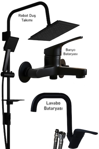 469845 Lavabo Banyo Bataryası Robot Duş Takımı Musluk Armatür Siyah Beyaz Krom Renk Siyah
