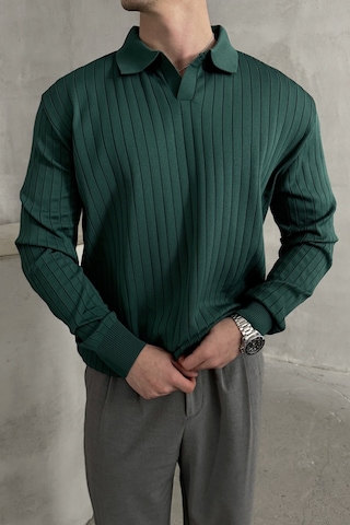 Erkek Polo Yaka Fitilli Oversize Triko Kazak Yeşil
