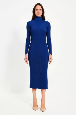 Kadın Boğazlı Uzun Fitilli Triko Dokuma Elbise - Saks Mavisi Saks Mavisi