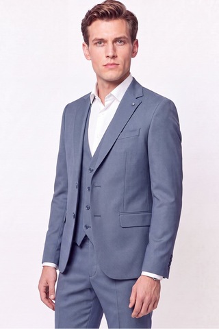 Efor Slim Fit Çift Yırtmaç %97 Yünlü Doku Desenli Esnek Mavi Yelekli Takım Elbise Tk 927