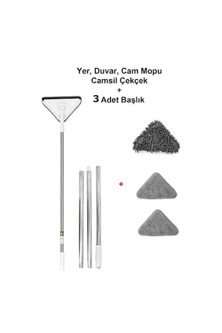 Teleskopik 3 Sopalı Üçgen Camsil Duvar Yüzey Cam Bezi 3'lü