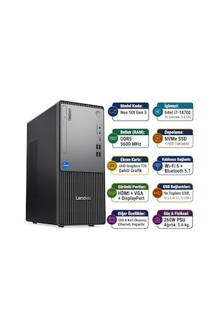 Lenovo ThinkCentre Neo 50T Gen 5 12UD001UTR003 i7-14700 16 GB 1 TB SSD Free Dos Masaüstü Bilgisayar