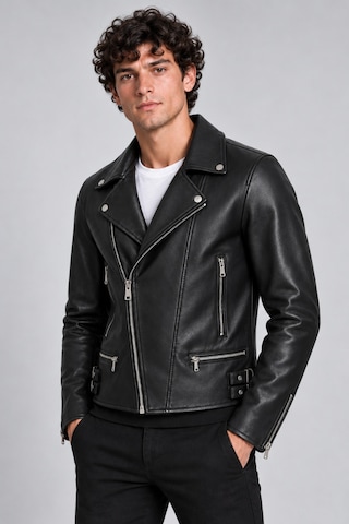 Maison Rae Erkek Siyah Slim Fit Biker Deri Ceket Çapraz Fermuarlı, Çok Cepli, Kemer Tokalı