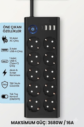 10'lu Akım Korumalı Priz 3680 Watt Koruma 16a 3 Usb + 1 Type-c Anahtarlı 2 Metre 2 M