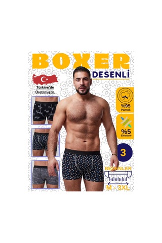 Mercan Boxer Piramit-geyik-men Desenli 3'lü Paket, Yüksek Kalite Çok Renkli