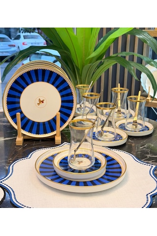 18 Parça Modern Piano Blue Bird Pasta Çay Saati Seti-5548 Lacivert