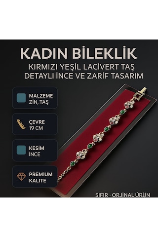 Kadın Bileklik Kırmızı Yeşil Lacivert Taş Detaylı İnce Ve Zarif Tasarım Altın - Çok Renkli