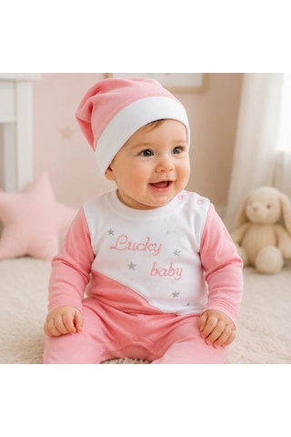Candar Lucky Baby Nakışlı Çizgili Şapkalı Kız Bebek Tulumu 0-3 / 3-6 Ay Pudra
