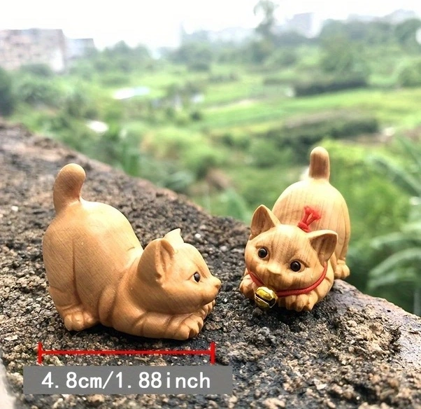 Trendooze Ahşap Kedi Figürü - Doğal Masüstü Dekor Çay Töreni El Yapımı Cloud011