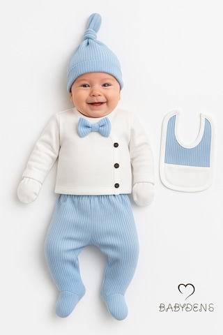 Babyden's Erkek Bebek Hastane Çıkışı 5'li Takım %100pamuk Ribana Kumaş Papyonlu Zıbın, Şapka,eldiven,önlük,alt Mavi