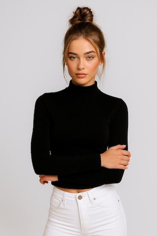 Rich Kadın Siyah Yarım Balıkçı Yaka Uzun Kollu Crop Bluz Siyah