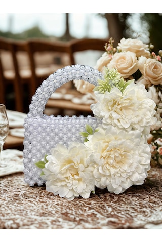 Luti Design Beyaz Boncuk Gelin Çantası / Çiçek Detaylı Özel Tasarım Nikah, Söz Ve Düğün Çantası