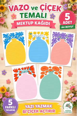 Vazo Ve Çiçek Temalı Mektup Kağıdı Seti 5 Adet A4 Renkli Tasarım Yazı Kağıdı Mektup, Not Ve Günlük İçin Vazo Ve Çiçek Temalı Mektup Kağıdı Seti 5 Adet A4 Renkli Tasarım Yazı Kağıdı Mektup, Not Ve Günlük İçin