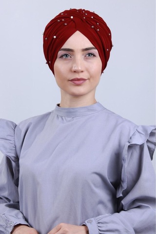 Melodi Scarf Kadın Tesettür İncili Taşlı Vera Dış Bone Bordo Bordo