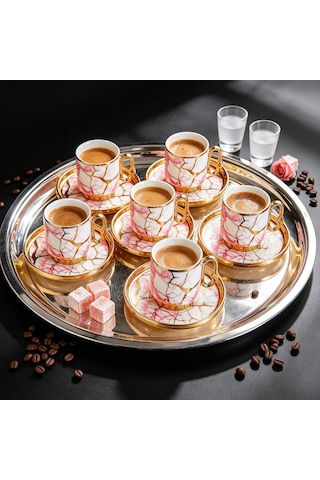 Valkyrie 12 Parça 6 Kişilik 80 Ml Türk Kahvesi Fincan Seti Pembe Mermer Desenli Gold Detay K653 Pembe