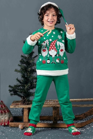 Unisex Çocuk Yılbaşı Christmas Noel Temalı 3 Cin Model Kapüşonlu 3 İp Şardonlu 3 Parça Alt Üst Takım Yeşil