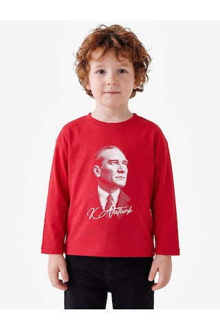 Koton Atatürk Baskılı Pamuklu Bisiklet Yaka Uzun Kollu Tişört Kırmızı 7wmb10177tk