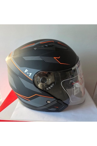 Çenesiz Kask Jk-512 Vizörlü Şeffaf Camlı Gri Turuncu M Mat Siyah - Turuncu M