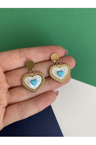 Firuze Taşlı Mineli Kalp Çelik Kararmaz Küpe Çifti Altın