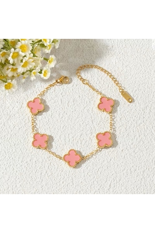 Çelik Bileklik Dört Yapraklı Küçük Yonca Pembe Sedef Taşlı Uzunluk 18 Cm Gold Altın - Gold