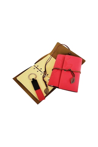 Ahşap Kutulu Kırmızı Deri Defter Ve Anahtarlık Set Çok Renkli