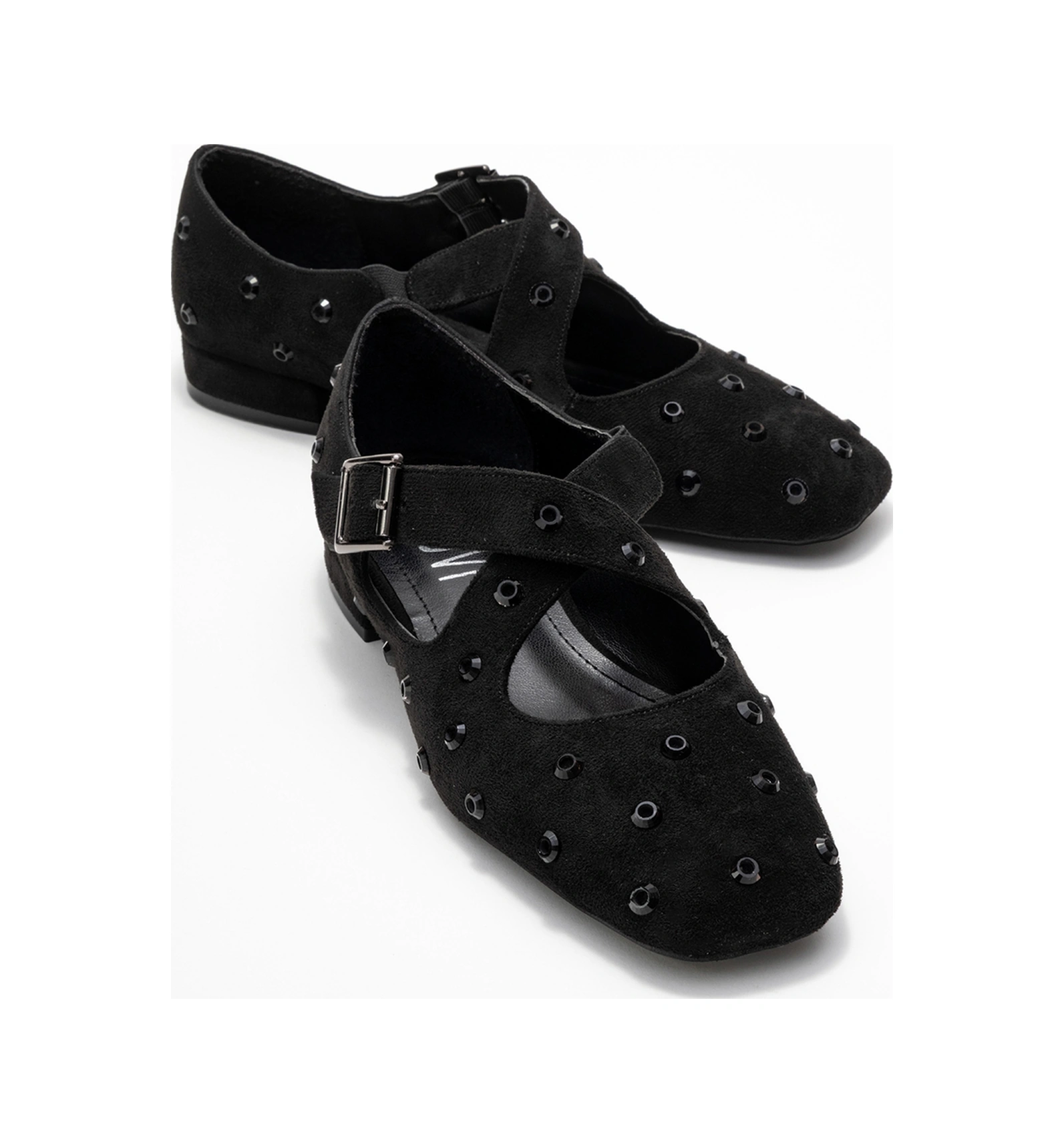 Addıson Siyah Süet Taşlı Çapraz Bantlı Kadın Babet Ayakkabı Siyah Süet