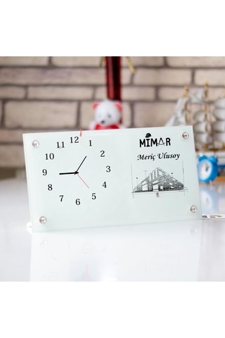 Mimara Özel Hediye Cam Masa Saati Ve Ofis İsimliği Beyaz