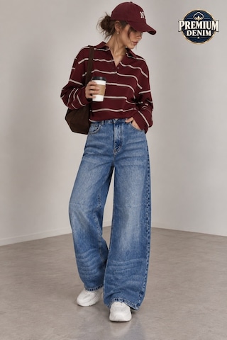 Vadon 1058 Kadın Yüksek Bel Baggy Fit Jean Pantolon Mavi