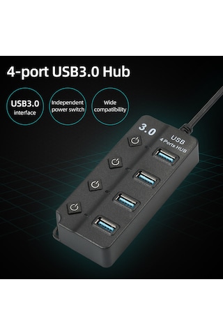 Xindoker Usb3.0 4 Portlu Hub, 5gbps Hızlı Veri Transferi, Bağımsız Güç Anahtarı, Dizüstü/masaüstü Bilgisayar İçin Klavye Fare Usb Çevirici