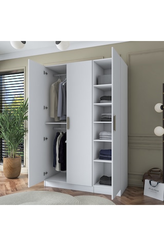 Rani Ba164 Gardırop Elbise Dolabı 3 Kapaklı 6 Raflı 2 Askılı Modüler Dolap Beyaz