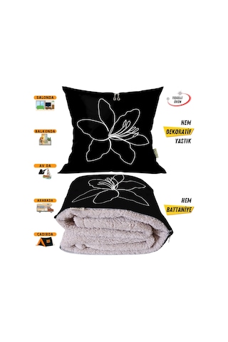 Çizgi Çiçek Desenli Tv Battaniyeli Opsiyonel Dekoratif Yastık Kırlent 2 İn 1 Battaniye Çok Renkli