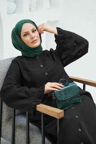 Neways 6587-denim Düğmeli Kolları Fırfırlı Ferace Siyah Siyah